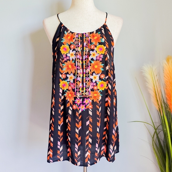 Savanna Jane New Vera Embroidered Black Floral Halter Tie Tank Top Size Small - Picture 2 of 12